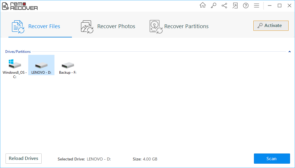 Recover Deleted Quicken Files - Main Screen